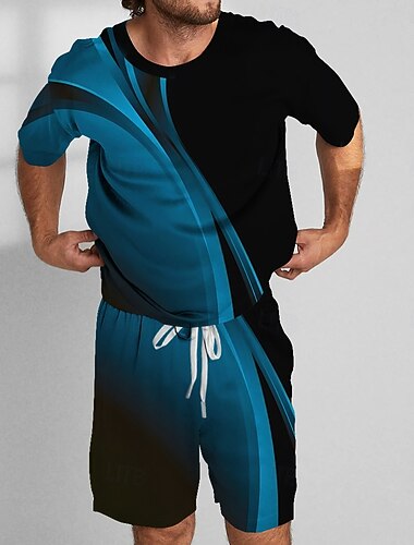  男性用 幾何学的な ライン 2個 ティーセット 夏のトップス 半袖 ショートパンツ クルーネック スポーツ カジュアル アウトドア 日常 スポーツ 3Dプリント 夏 ロビンエッグブルー バイオレット グリーン