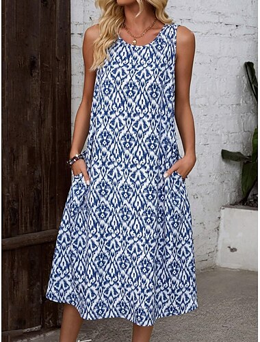  Dames Halflange jurk A lijn jurk Zomerjurk Casual Vakantie Normale pasvorm Grafisch Geometrisch Mouwloos Strakke ronde hals blauw Zomer