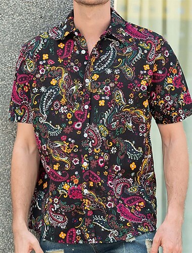  Retro Vintage 1970er Hemd Aloha-Hemd Hippie Paisley-Muster Herren Urlaub Party Pride Parade Erwachsene Hemd