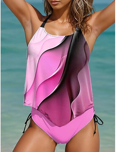  Damen Badeanzüge Tankini 2-teilig Frecher Badeanzug Rückenfrei Urlaub Strandbekleidung Ombre Halterneck ärmellos
