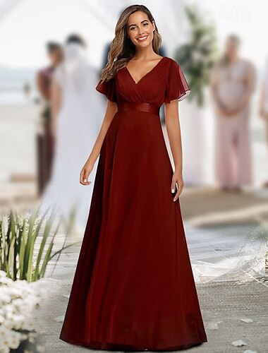  A-Linie Ballkleider Elegant Kleid kleid hochzeitsgast Abschluss Boden-Länge Kurzarm V Ausschnitt Kleid der Brautjungfer Chiffon V Zurück mit Gerafft Rüschen 2025