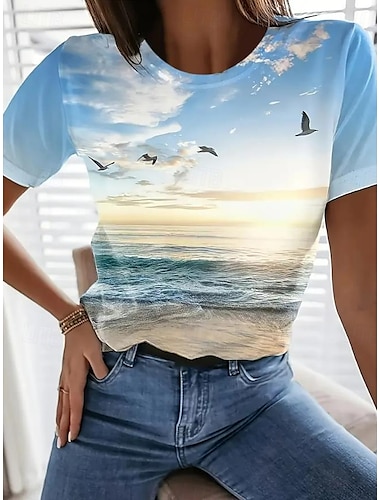  Dames T-shirt roze Bloemig Grafisch Elegant Vintage Modieus Korte mouw Ronde hals Normale tops Dagelijks Uitgaan Weekend Afdrukken Licht Blauw Zomer