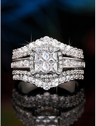  Ensemble d'alliances de luxe avec zircone cubique, plaqué argent, bijoux de mariée élégants pour femmes