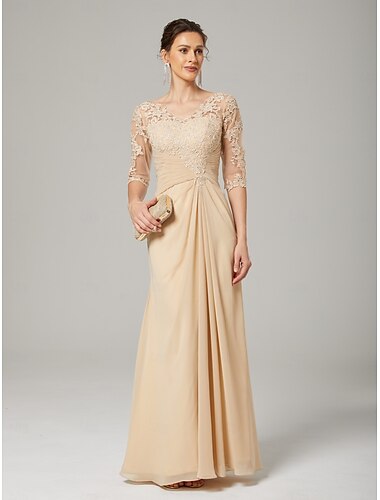  Sheath / Column Mother of the Bride Dress Plus Size Sexy See Through V Neck Floor Length Chiffon Lace Half Sleeve with Lace
