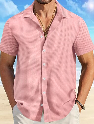  Herren Hemd Sommerhemd Freizeithemd Strandhemd Knopfhemd Waffelstrickhemd Schwarz Weiß Rosa Blau Orange Kurzarm Einfach Revers Urlaub Hawaiianisch Bekleidung Polyester Mode Lässig Bequem