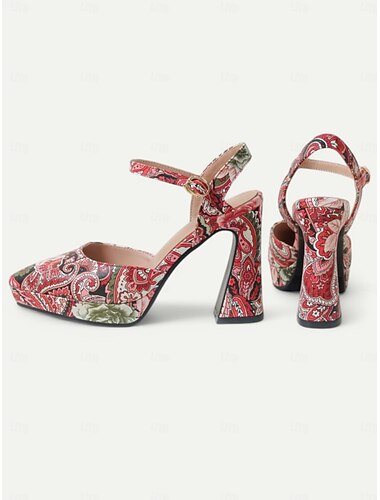  rote High Heel-Sandalen mit Paisley-Muster für Damen – Vintage-Chic, offene Zehenpartie mit Blockabsatz – perfekt für Partys und besondere Anlässe