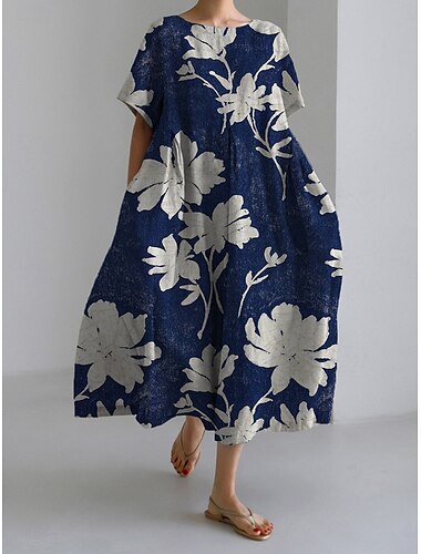  Dame Midi Kjole A Linje Kjole T Skjorte Kjole Tee Kjole Fit And Flare Kjole Atletisk Kjole Uformell Ferie Daglig Regulær Passform Blomstret Grafisk Kort Erme Crew Neck Hvit Gul Marineblå Blå Sommer