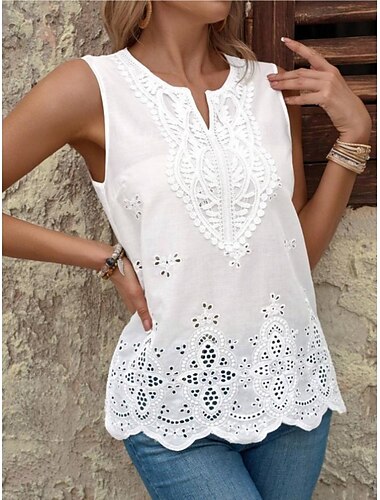  Damen Unterhemd Trägertop Einfarbig Stylisch Lässig ärmellos Eingekerbter Ausschnitt reguläre Oberteile Alltag Spitzen Patchwork Schwarz Weiß Sommer