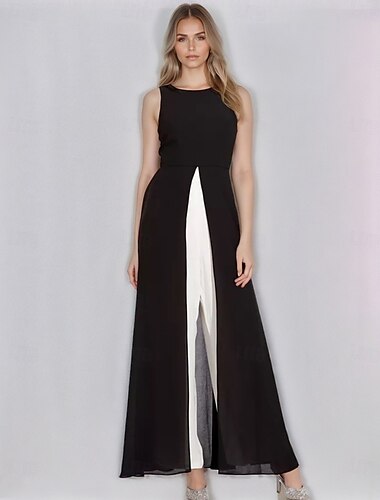  Combinaisons Noires Blanches Mère de la Mariée Mariage Formel Élégant Col Bijou Longueur du Sol Chiffon Élastique Sans Manches avec Bloc de Couleurs en Volants 2025