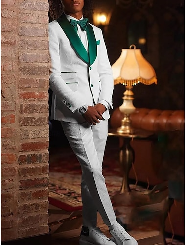  Heren Bruiloft Feest Pakken Tuxedos Homecoming Pakken Zomer Tuxedo Wit Mode Luxe Jacquard Bloemige Standaard Pasvorm 2-delig Dubbel Gehecht Eén Knop