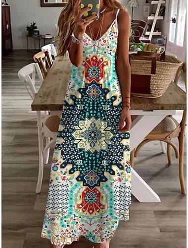  Vrouwen Maxi Jurk Zomerjurk A-lijn Jurk Zomerjurk Bohemia Vakantie Vintage Vakantie Casual Dagelijks Reguliere Pasvorm Geometrisch Mouwloos V Neck Groen Zomer Lente