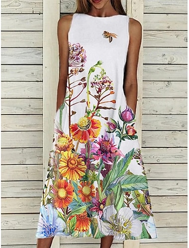  Dames Midi-Jurk A-lijn Jurk T-shirt Jurk Tee Jurk Off The Shoulder Jurk Sportieve Jurk Casual Vakantie Dagelijks Regular Fit Bloem Mouwloos Off Shoulder Geel Rood Blauw Paars Zomer