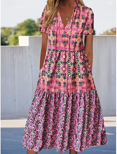  Damen Midikleid Casual kleid Boho-Kleid Stilvoll Brautkleider schlicht Urlaub Casual Täglich Lockere Passform Blumen Kurzarm V Ausschnitt Rosa Sommer Frühling