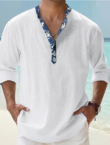  Voor heren Overhemd Popover-shirt Zomer overhemd Normaal shirt Strand hemd Zwart Wit Blozend Roze Oranje Groen Lange mouw Bloemenprint Effen / effen kleur Band Kraag Henley Vakantie Hawaii Gesp
