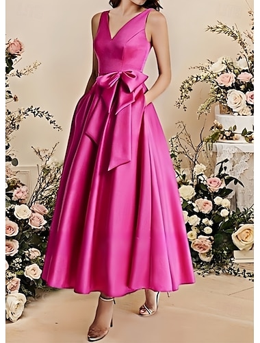  A-Linie Brautjungfernkleid V Ausschnitt Ärmellos Elegant Knöchellänge Satin mit Schleife(n) / Falten 2022