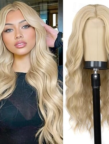  peruca longa para mulheres parte do meio ondulado mulheres cabelo charmoso realista natural aparência sintética peruca de fibra resistente ao calor para uso diário em festas