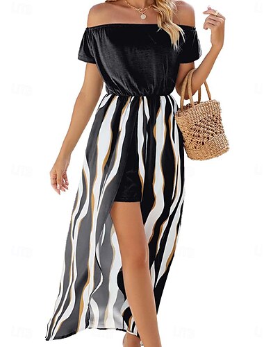  Damen Midi Kleid A-Linie Kleid T-Shirt Kleid Tee Kleid Athletic Kleid Stylisch Lässig Urlaub Alltag Reguläre Passform Streifen Kurze Ärmel Off-Shoulder Schwarz Wein Grün Sommer