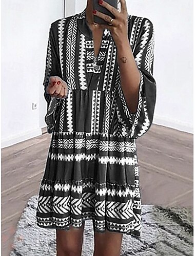  Damen Minikleid Casual kleid Etuikleid A Linie Kleid Sportliches Kleid Urlaub Brautkleider schlicht Urlaub Täglich Regular Fit Geometrisch 3/4 Ärmel V Ausschnitt Schwarz Rote Blau Grün Sommer