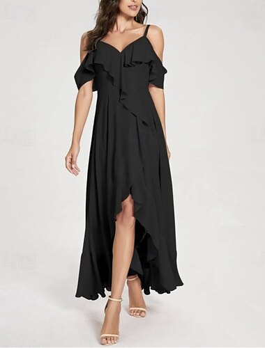  A-Linie Brautjungfernkleid V-Ausschnitt  Spaghetti-Träger Kurzarm Elegant Asymmetrisch Chiffon mit Split-Front  Raffung