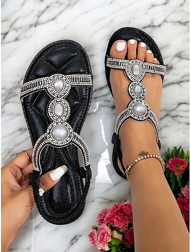  elegante schwarze T-Riemchen-Sandalen für Damen – mit Strasssteinen verzierte Sommersandalen, perfekt für den Strand, legere Ausflüge und Abendveranstaltungen