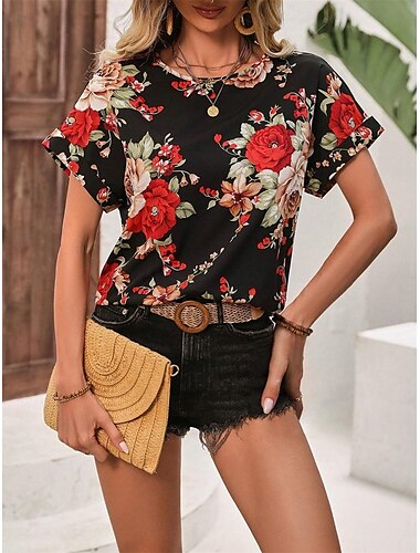  Mulheres Camisa Social Blusa Gráfico à moda Casual Manga Curta Gola Redonda Tops regulares Diário Feriado Para Noite Imprimir Preto Amarelo Verde Cáqui Rosa cor de Rosa Verão Primavera