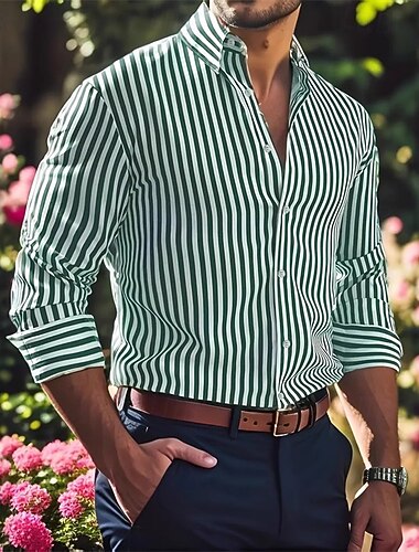  Herren Hemd Sommerhemd Freizeithemd Knopfhemd Rote Blau Grün Kaki Dunkelblau Langarm Streifen Revers Urlaub Hawaiianisch Button-Down Bekleidung Polyester Mode Lässig Bequem