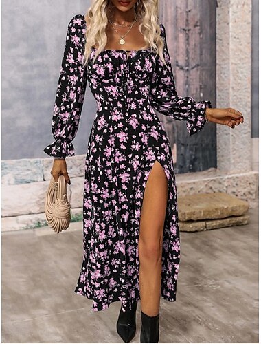  Damen Midikleid Corsagenkleider A Linie Kleid Milchmädchen-Kleid Kleid mit Puffärmeln Urlaub Urlaub Täglich Regular Fit Blumen Langarm Quadratischer Ausschnitt Weiß Blau Purpur Gold Sommer