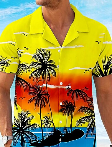  Herren Kokospalme 2St Hemden-Sets Hemd Kurzarm Kurze Hosen Kubanisches Halsband Urlaub Hawaiianisch Party Lässig Täglich 3D-Druck Sommer Rubinrot Gelb