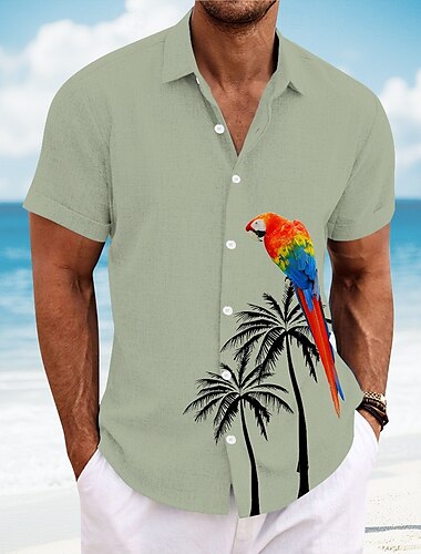  Herren Vogel Kokosnussbaum Papagei Lässiges Hemd Hawaiihemd Sommerhemd Knopfhemd Kurzarm Hawaiianisch Resort Urlaub Festtage Strandbekleidung Sommer Frühling Umlegekragen 3D-Druck Hemden mit Kragen