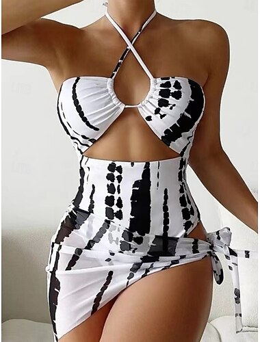  Damen Badeanzug 2 Stück Monokini Rock Bademode Rückenfrei Bauchkontrolle Hohe Taillenlinie Schlank Urlaub Strandbekleidung Streifen Halfterhals Ärmellos Badeanzüge