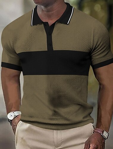  Men's Horizontal Stripes Rugby Polo Short Sleeve Polo Shirts Collared Shirts Business Casual School Formal Outdoor Dailywear Buttons 3D Print Summer Dark Brown Light Brown Dark Blue