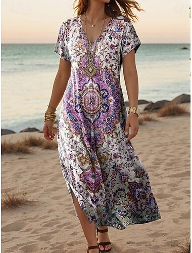  Damen Maxikleid Freizeitkleid A Linie Kleid Stilvoll Lässig Urlaub Täglich Normale Passform Blumen Kurzarm V Ausschnitt Hellrosa Violett Purpur Beige Frühling Herbst