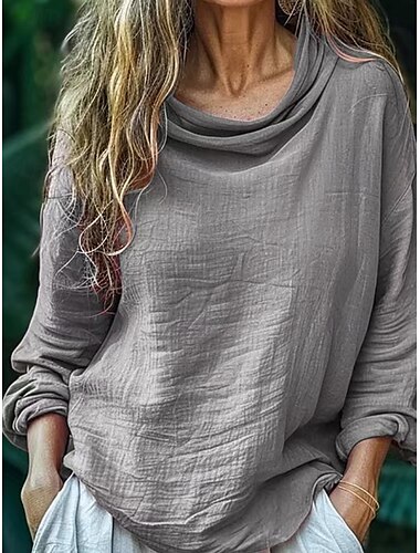  Damen Hemd Bluse Baumwoll-Leinen-Hemden Einfarbig Basic Lässig Langarm Rundhalsausschnitt Wasserfallausschnitt Normale Oberteile Täglich Schwarz Rosa Blau Hellgrau Rosa Sommer