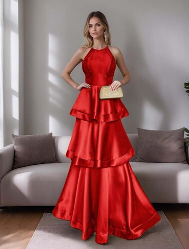  A-Linie Abendkleider Elegant Kleid Formal Hochzeit Boden-Länge Ärmellos Halfterhals Satin mit mit Riemchen 2025