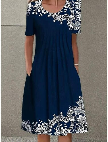  Damen Minikleid Freizeitkleid Elegant Urlaub Vintage Urlaub Täglich Lässiger Schnitt Blumen Kurzarm Rundhalsausschnitt Dunkelblau Sommer