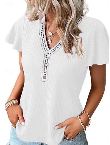  Femme T shirt Plein Mode Moderne Décontractées Manche Courte Col V Hauts réguliers du quotidien Fin de semaine Patchwork Noir Blanche Rose Claire Eté Printemps