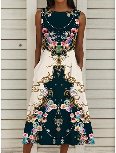  Dámské Midi šaty Vintage šaty Paisley šaty Etnické šaty Letní šaty Čechy prázdniny Na běžné nošení Dovolená Běžný Grafika Geometrický Kašmírový vzor Bez rukávů Tričkový Černá Léto