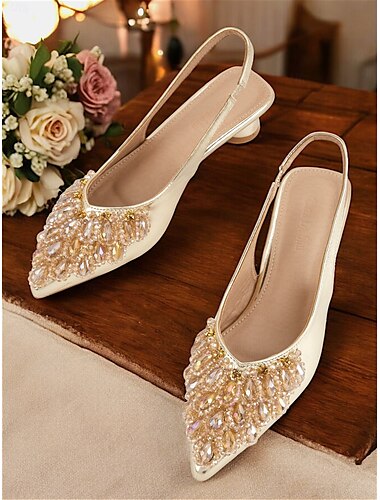  Zapatos de boda con tira trasera y detalle de cuentas para mujer: zapatos planos color marfil adornados con cristales para ocasiones nupciales