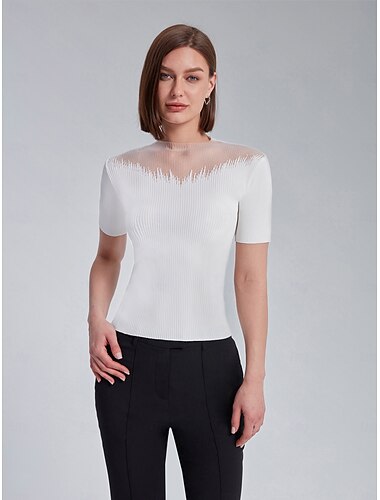  Γυναικεία Πουκάμισο Συμπαγές Χρώμα Διακοπές Γραφείο Καθημερινά Λευκό Κουρελού Διαφανές Στενή Εφαρμογή Μισό μανίκι Κομψό Διακοπές Μοντέρνα Mock Neck Για όλες τις εποχές