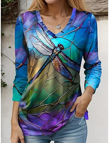  Femme T shirt Animal à imprimé arc-en-ciel Dégradé de Couleur Elégant Rétro Vintage manche longue Col Ras du Cou Hauts réguliers du quotidien Imprimer Bleu Eté Printemps Automne