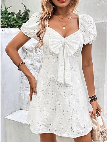  Damen Mini Kleid Korsett Kleid A Linie Kleid Milchmädchen Kleid Puffärmel Kleid Basic Freizeit Urlaub Alltag Reguläre Passform Grafik Kurzarm Quadrat-Ausschnitt Weiß Sommer