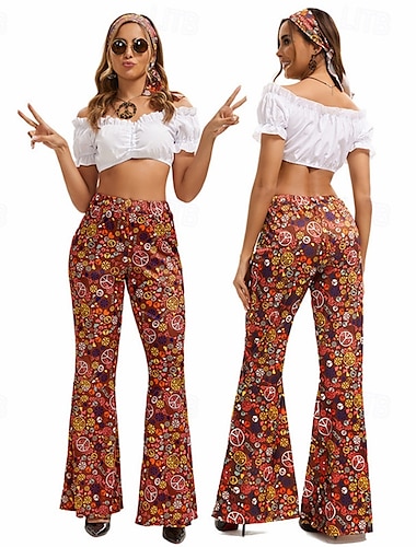  Inspiré vintage Hippie Années 1970 Pantalon Bal Masqué Hippie Impression Sans Col Femmes Halloween Carnaval Défilé de la Fierté Mois des Fiertés Adulte Pantalon Bandeau Toutes saisons