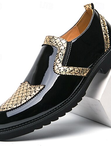  Zapatos de vestir sin cordones de charol para hombre: mocasines negros con detalles texturizados dorados, calzado formal elegante para fiestas, bodas y eventos especiales
