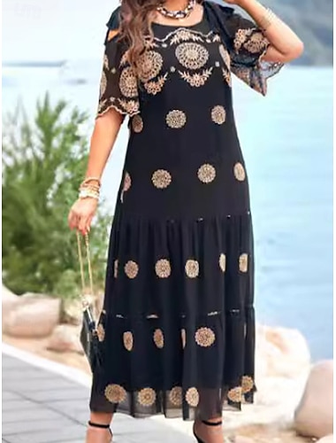  Per donna Abito Midi Vestito Casual Abito da Cocktail Abito da invitata a nozze Vestito in Chiffon Elegante Casual Vacanza Casuale Quotidiano Vestibilità comoda Grafico Manica Corta Girocollo Nero