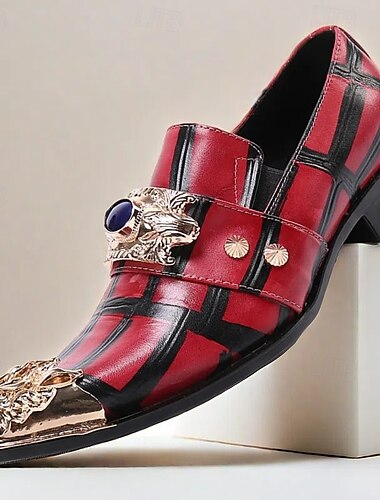  Rote karierte Leder-Lauflerner für Männer mit goldener Spitze und goldener Löwen-Dekoration – hochwertiges Cowhide Slip-On-Stil für formelle und modische Anlässe