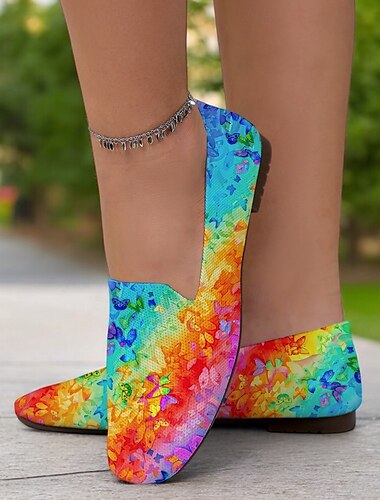  Ballerinas aus Strick mit Regenbogen-Farbverlauf und Schmetterlings-Print, perfekt für Freizeitausflüge, Sommerveranstaltungen und Outdoor-Festivals