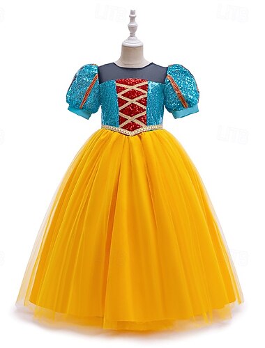  kinderkleidung Mädchen Kleid Farbblock Kurzarm Outdoor Casual Pailletten Puffärmel Modisch Kostüm Polyester Maxi Casual kleid A Linie Kleid Tüll-Kleid Sommer Frühling 6-12 Y Gelb