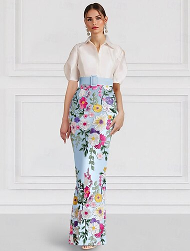  Blau Floral Besticktes Säulen-Abendkleid Elegantes Kleid Formelle Hochzeit Bodenne Länge Kurzarm Hemdkragen Satin mit Schlitz Applikationen Derby Kleid 2025
