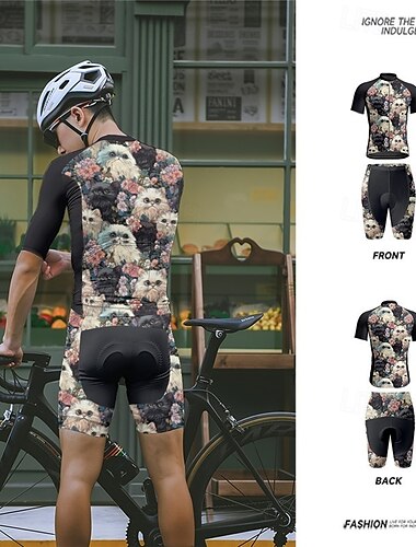  Herren Radtrikot mit Radhose fahrradbekleidung Kurzarm MTB Mountain Rennrad Schwarz Katze Blumen Pflanzen Fahhrad Spandex Sport Katze Blumen Pflanzen Bekleidung