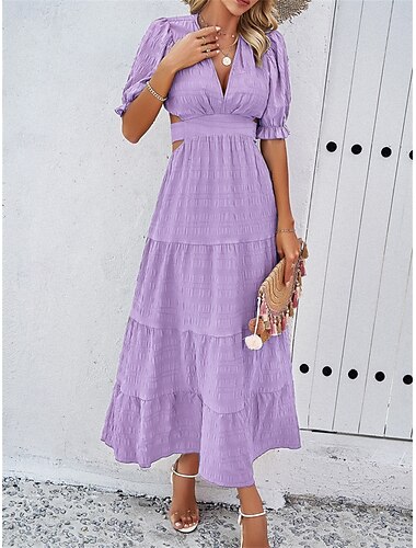  Maxi-Kleid für Frauen Korsettkleid A-Linien-Kleid Einfarbig Puffärmelkleid Urlaub Puffärmel Urlaub Alltag Reisen Reguläre Passform Grafisch Halbärmel V-Ausschnitt Hellgrün Lila Grün Khaki Sommer